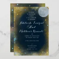 Elegant Full Moon Celestial Wedding: Blue & Silver Foil Invitation