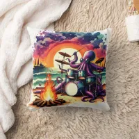 Octopus Playing Drums by the Ocean at Sunset Throw Pillow