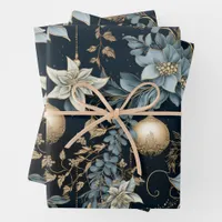 Blue and Gold Christmas Ornaments Poinsettias Wrapping Paper Sheets