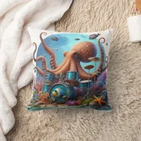 Octopus Drumming With Colorful Fish Throw Pillow