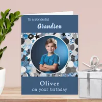 Blue Trendy Modern 1 Photo Grandson Birthday Card