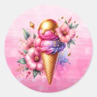 Pretty Pink and Gold Ice Cream Cone Birthday Classic Round Sticker