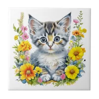 Watercolor Kitten in Yellow and Pink Flowers  Ceramic Tile