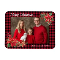 Christmas Poinsettia Buffalo Plaid Family Photo  Magnet