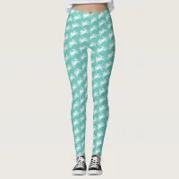 Coastal Seafood Pattern White Crabs on Teal Blue Leggings