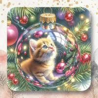 Reflection of Kitten in a Christmas Ornament   Square Sticker