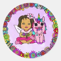 Cute Purple Unicorn and Fairy Floral border Classic Round Sticker