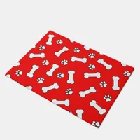 Dog Bones and Paw Prints Red and White Pattern Doormat