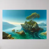 Rocky island on the lake poster