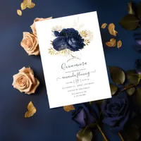 Navy Blue and Gold Vintage Rose Quincea&#241;era Invitation