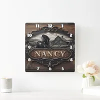 Horse and Barn Carving With Name on Wooden Sign Square Wall Clock