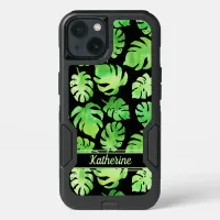 Bold Tropical Green Watercolor Leaves Pattern Name iPhone 13 Case