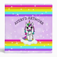 Cute Unicorn, Butterfly and Rainbow Sparkles 3 Ring Binder