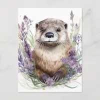 Otter and Purple Flowers Watercolor Postcard