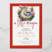 A Little Dragon Is On The Way Red Baby Shower Foil Invitation