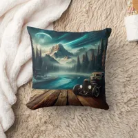 Vintage Cars by Serene Mountain River at Night Throw Pillow