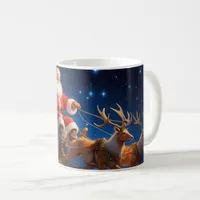 Santa delivering kids toys, reindeer pulling Santa Coffee Mug