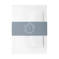 Dusty Blue Floral Crest Monogram Wedding Invitation Belly Band