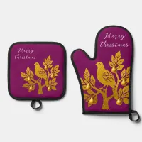 Partridge In A Pear Tree Burgundy Merry Christmas Oven Mitt & Pot Holder Set