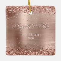 Faux Rose Gold Glitter Brushed Metal Foil Photo Ceramic Ornament