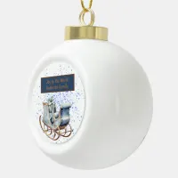 Monogrammed Vintage Christmas Blue & Brown | Ceramic Ball Christmas Ornament