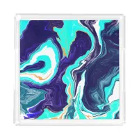 Blue Teal Ocean Swirls Marble Fluid Art  Acrylic Tray
