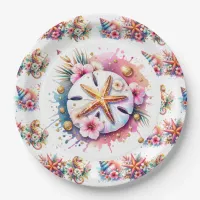 Pink, Blue and Gold Coastal Sand Dollar Beachy Paper Plates