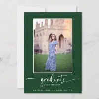 Modern Elegant Script Green Graduation Photo Announcement