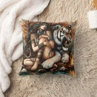 Thumbnail for Native American Woman Seated Beside Tiger at Dusk Throw Pillow