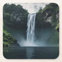 Cascading Waterfall amidst Lush Greenery Square Paper Coaster