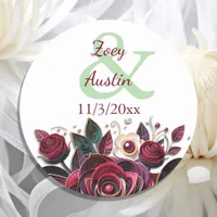 Burgundy Flowers, Foliage and Pearls Personalized Classic Round Sticker