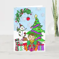 Whimsical  Holiday Elf and Christmas Tree Card