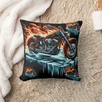 Fiery motorcycle on a frozen surface at dusk throw pillow