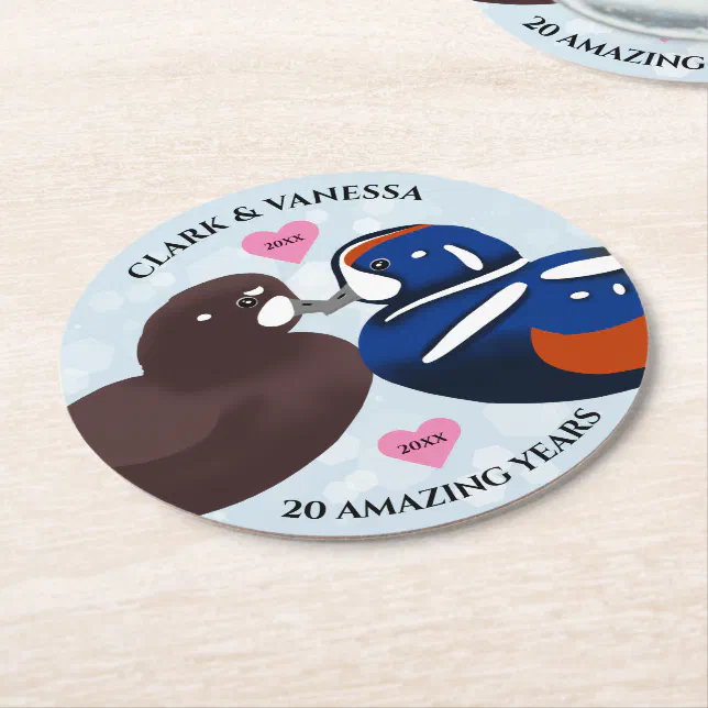 Harlequin Ducks Lovebirds Any Year Anniversary Round Paper Coaster