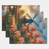 Windmill in Dutch Countryside by River with Tulips Wrapping Paper Sheets