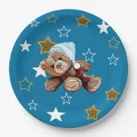 Blue and Gold Teddy Bear and Stars Paper Plates