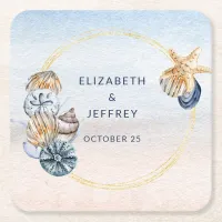 Rustic Seashells Ocean Sea Summer Beach Wedding Square Paper Coaster