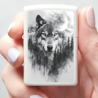 Wolf appears from misty forest at night zippo lighter