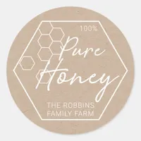 Modern White On Kraft 100% Pure Honey Jar Classic Round Sticker