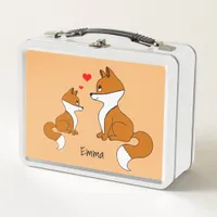 Cute foxes with hearts, hand drawn metal lunch box