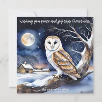 Watercolor Winter Snow Nature Barn Owl Christmas Holiday Card