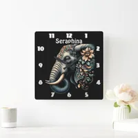 Floral dawn elephant art square wall clock