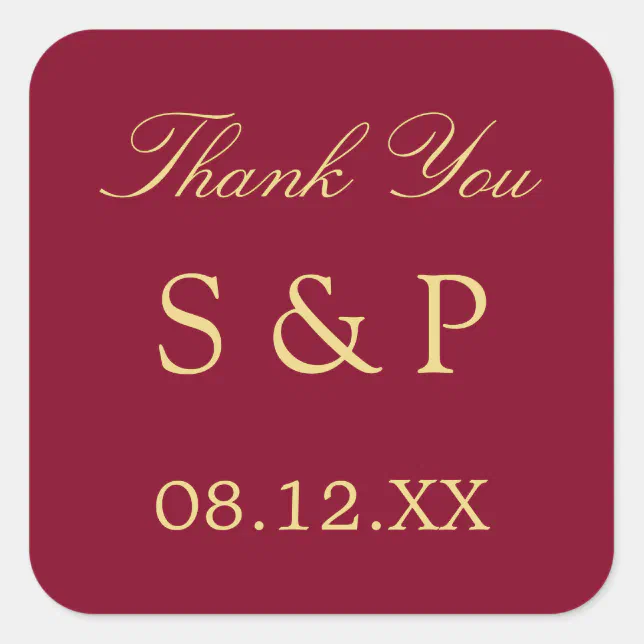 Burgundy Golden Beige Wedding Favor Thank You Square Sticker