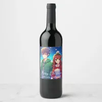 Cute Anime Couple | Merry Christmas  Wine Label