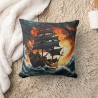 Pirate Ship Battling Stormy Seas at Sunset Throw Pillow