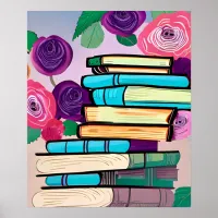 Illustration of Books and Flowers Digital Art Poster