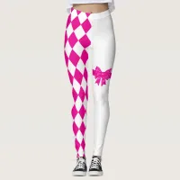 Pink White Harlequin Diamond Mardi Gras Leggings