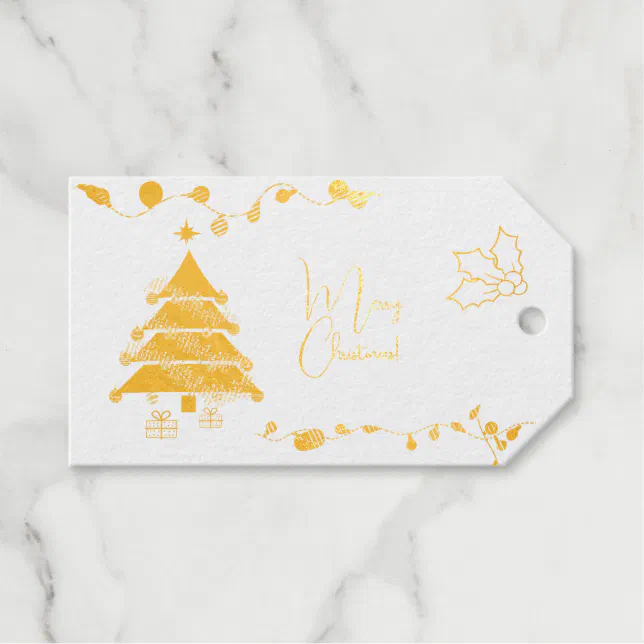 Christmas tree and ornaments in  gold foil gift tags