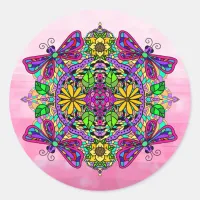 Pink Dragonfly and Flowers Mandala Hand Drawn Art Classic Round Sticker