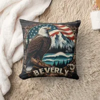 Eagle Perched With Mountains and Flag Background Throw Pillow